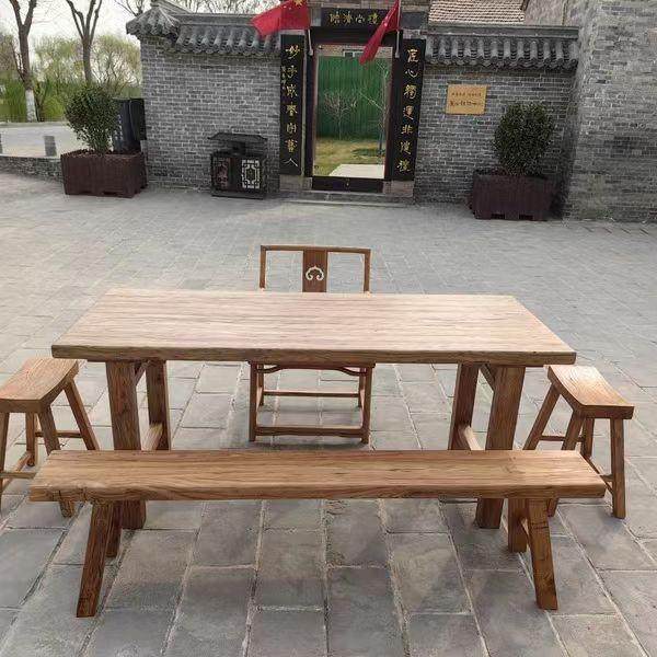 简约大板餐桌老榆木茶桌台桌复古怀旧原木办公桌书桌椅家用