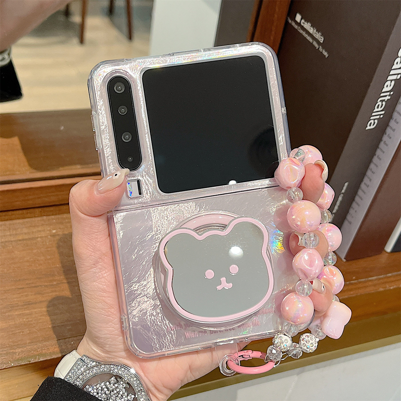 适用华为purax手机壳新款Pocket2折叠屏锡纸小熊镜子磁吸支架Pura X典藏版软胶外壳P50PocketS防摔手链保护套