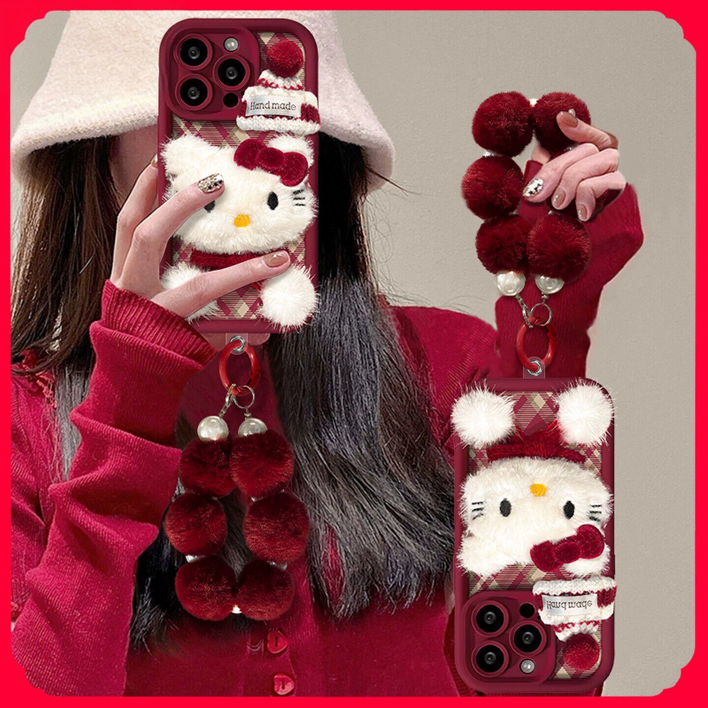 毛绒猫咪适用苹果11promax手机壳iphonexr新年苹果8plus喜庆iphonexsmax秋冬7p本命红6s女壳6splus好看闺蜜软