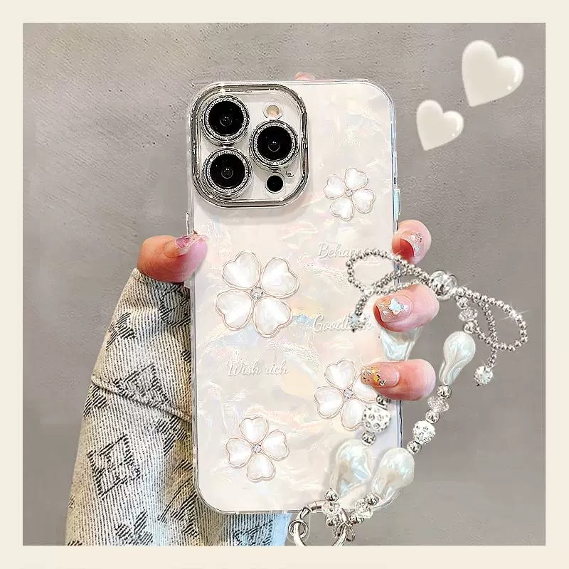 四叶草适用iPhone17pro手机壳苹果16promax手链15plus贝壳纹13pro高级14por全包12女11简约新款套防摔定制潮