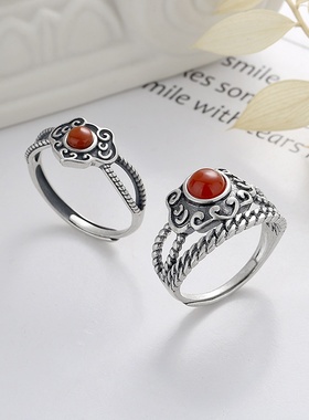 锦河畔 s925纯银复古做旧祥云如意造型南红色玛瑙古风开口戒指女