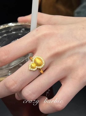 新中式锆石金色拉丝葫芦戒指女生可调节高级感指环S古法2024年新