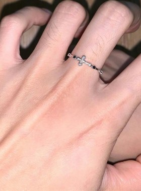 十字架锆石食指戒女冷淡极简高级镀925银开O口细戒指可调节不掉色