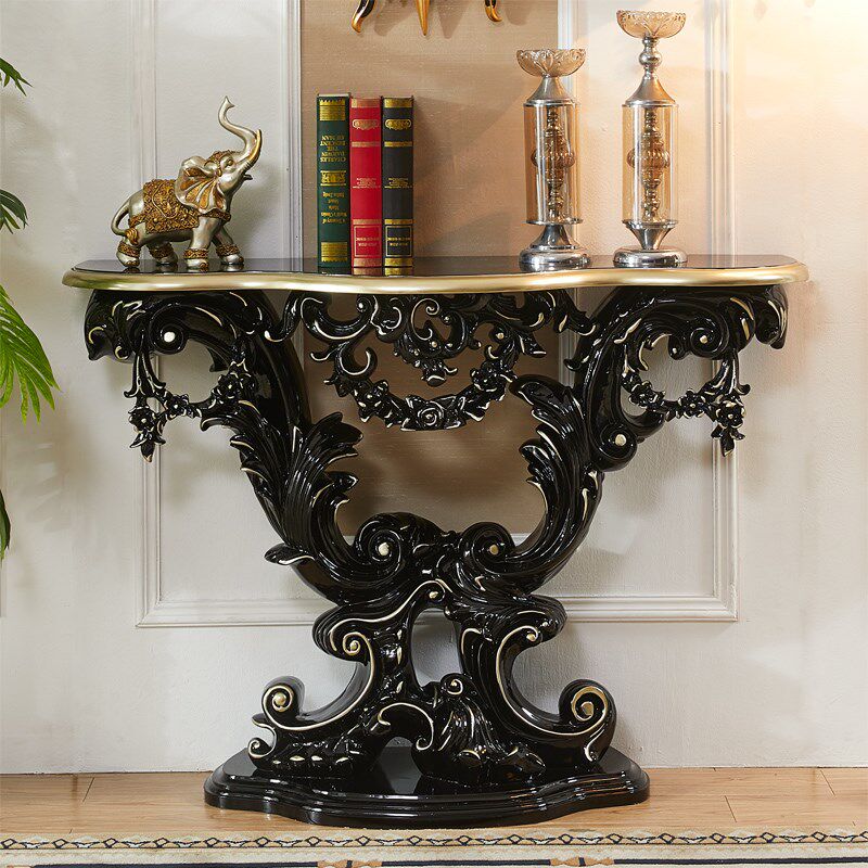 欧式玄关桌 法式实木田园玄关台门厅柜墙边端景台美式半圆桌深色