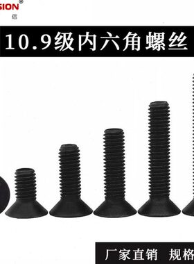 10.9级公制沉头内六角螺丝钉平头内六角黑色螺栓 DIN7991 M3 M4