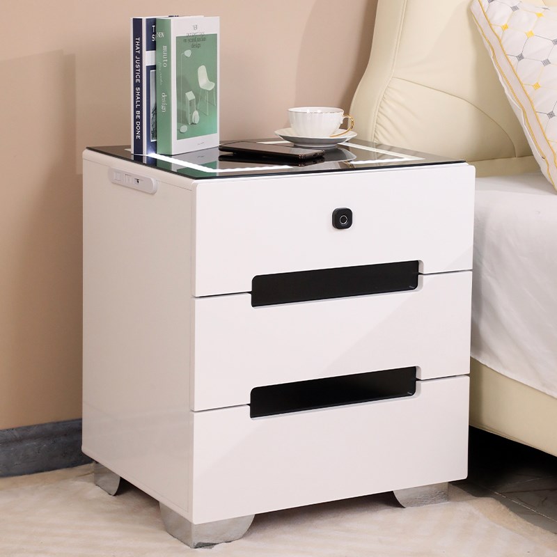 智能床头柜简约现代白色烤漆触控灯无线H充电音箱指纹锁铭运床边