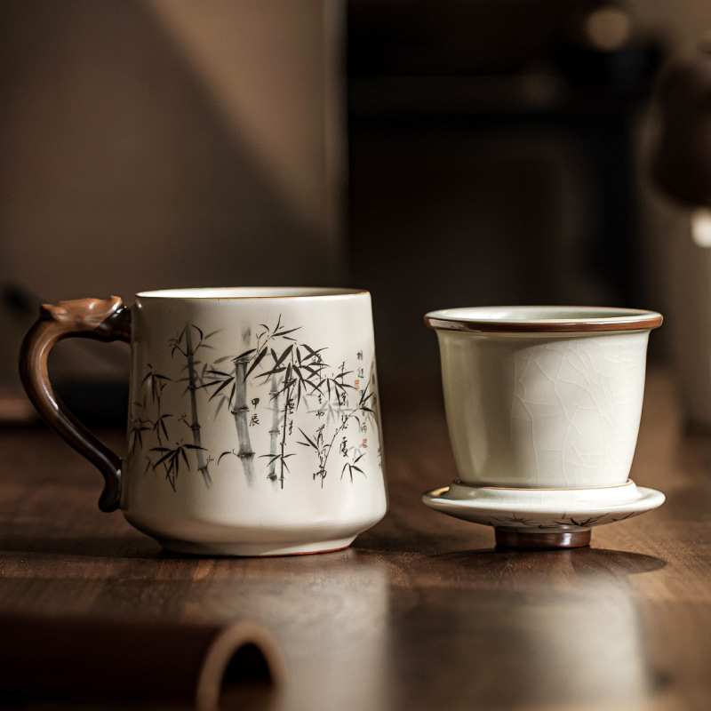 米黄汝窑办公过滤杯墨竹定风波陶瓷办公室带盖过滤茶水分离马克杯