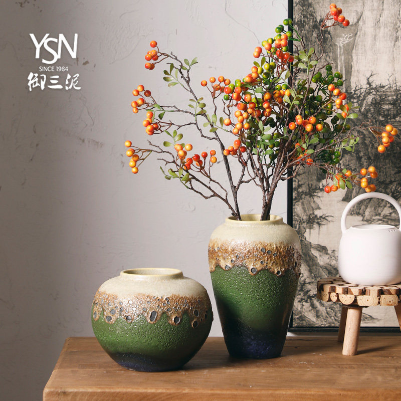 御三泥田园风粗陶花器干花插花花瓶土陶花盆新中式装饰品摆件罐子