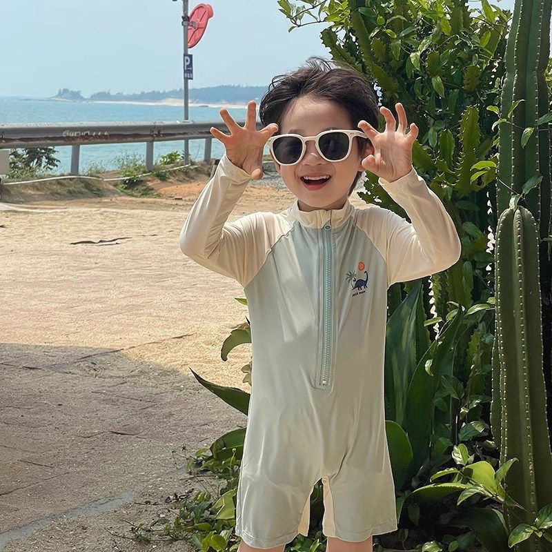 儿童连体泳衣男童夏季长袖防晒冲浪服 海边度假U泳装 小童适用