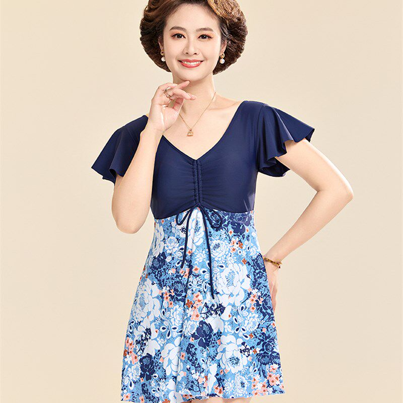 2025新款连体泳衣女中老年妈妈款保守显瘦遮肚大码温泉游泳衣