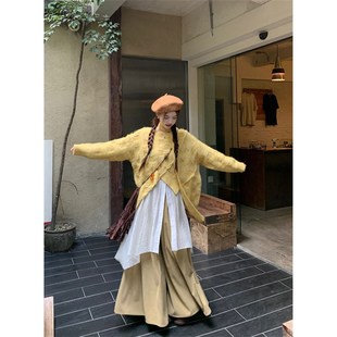 森系云南旅游开春套装女小u个子不规则毛衣衬衫阔腿裤三件套多巴