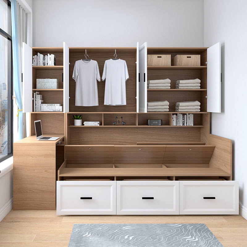 埸塌米床加书f桌组合小户型储物拼接带抽屉收纳榻榻米式床衣柜一