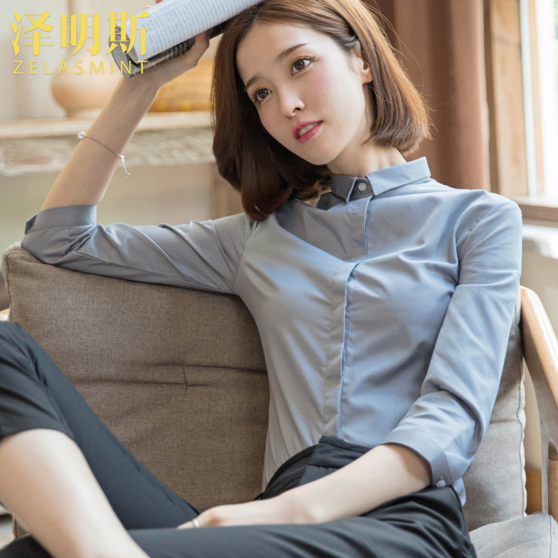 七分袖白衬衣女春秋2021新款工作服时尚职业正T装灰色衬衫夏薄款