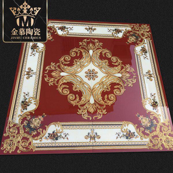定制红色奢华别墅镀金地面拼花瓷砖豪宅客餐厅玄关入户地板砖