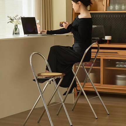 款高脚子吧台椅实木新家用靠椅背叠放可酒吧椅2026955高椅藤编包