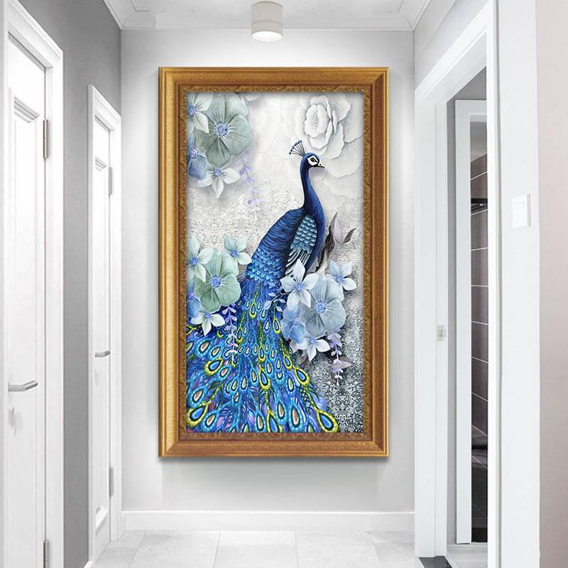 入户玄关装饰画孔雀壁画美式油画3d立体欧式走廊挂画竖版现代过道