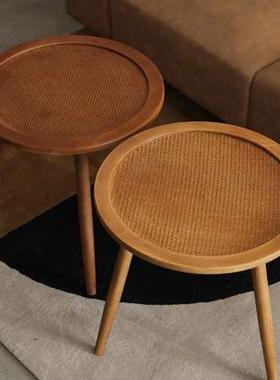 波西米亚美式复古木编hz201208茶几藤沙发边几家居阳台圆桌民桌宿