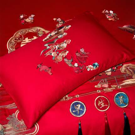 婚庆1件60支长棉YY-H1028绣花四套全棉贡缎提绒花大红结六婚件十
