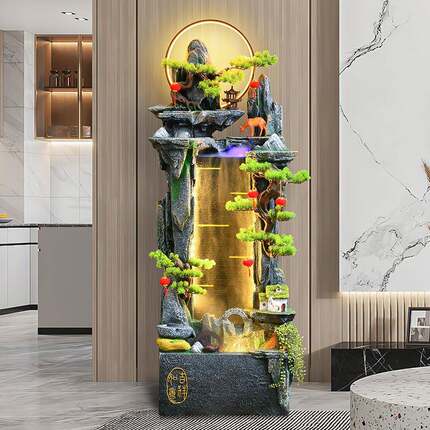 高山流水件梅花鹿关水幕墙鱼缸摆家居客景厅玄落地造装饰品加TES