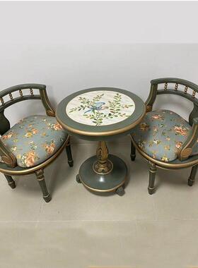 美式彩绘小圆桌乡村复古单实人木台背椅客厅小茶欧式SA66658阳台