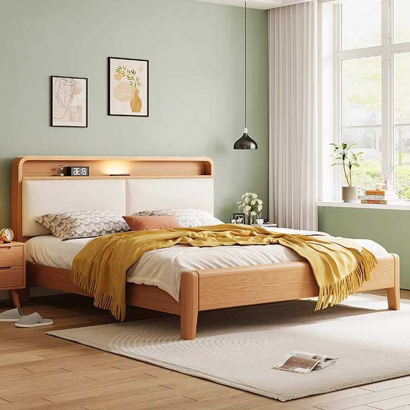 北欧白蜡木纹实木床1米8双人主卧大床现代简约家用原木风储物床