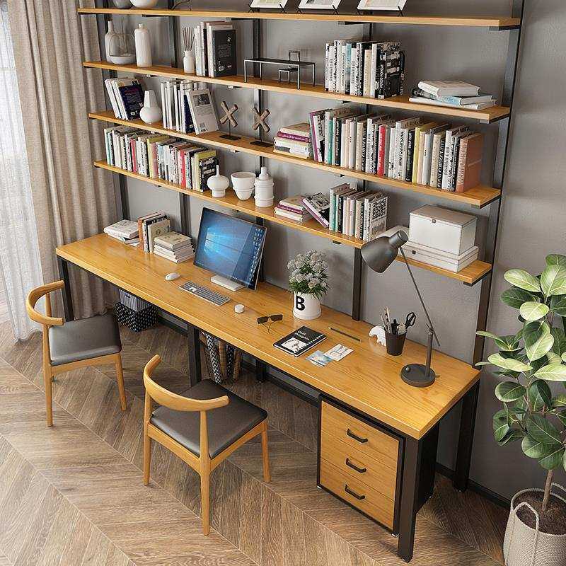 实木书桌书架一体组合小户型家用双人学习电脑桌工作室办公长条桌