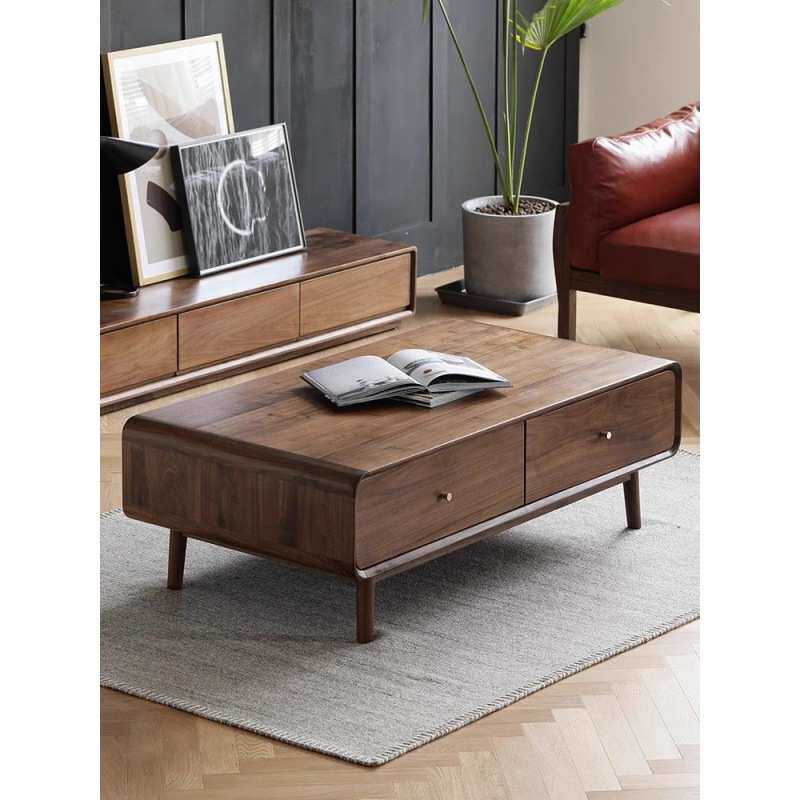 黑胡桃木色茶几北欧实木带抽矮桌简约现代家用小桌子小户型茶桌