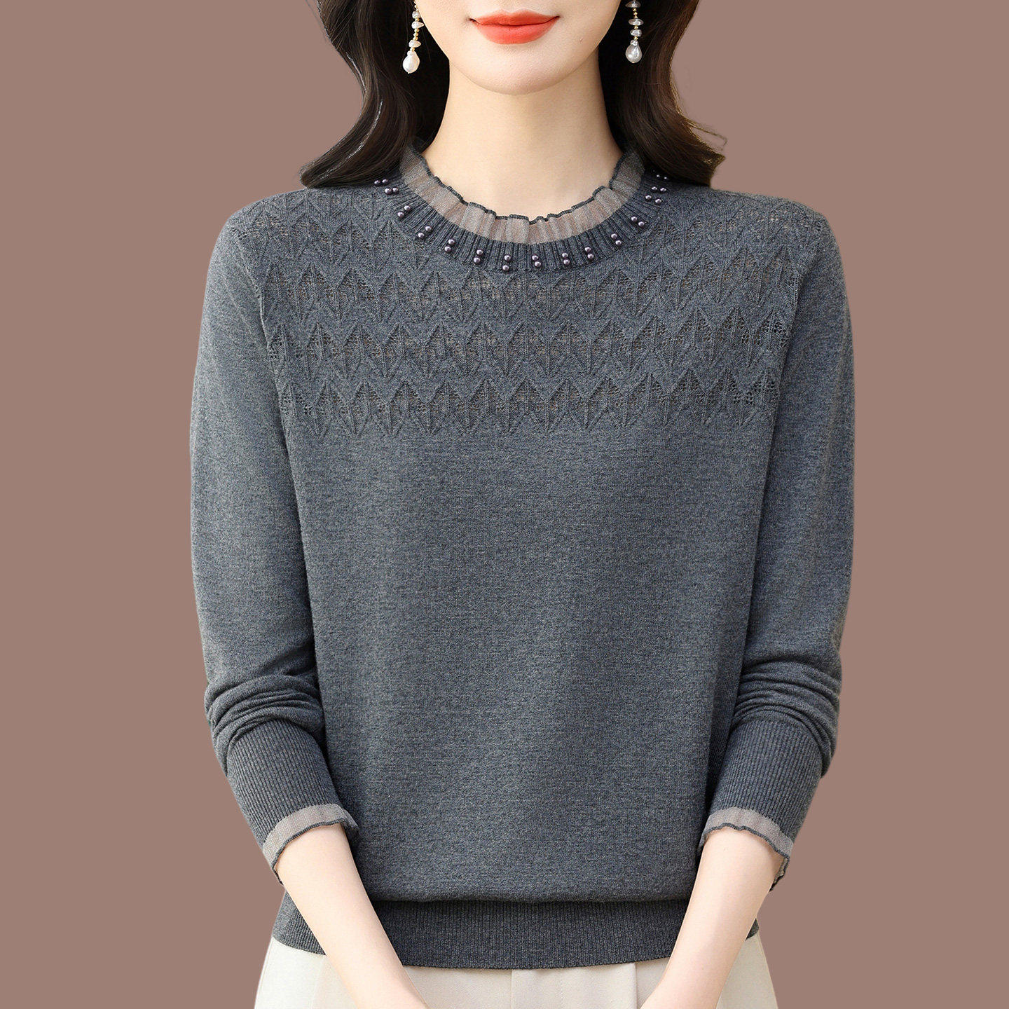 妈妈装薄款桑蚕丝长袖T恤女春季新款洋派蕾丝上衣宽松针织打底衫