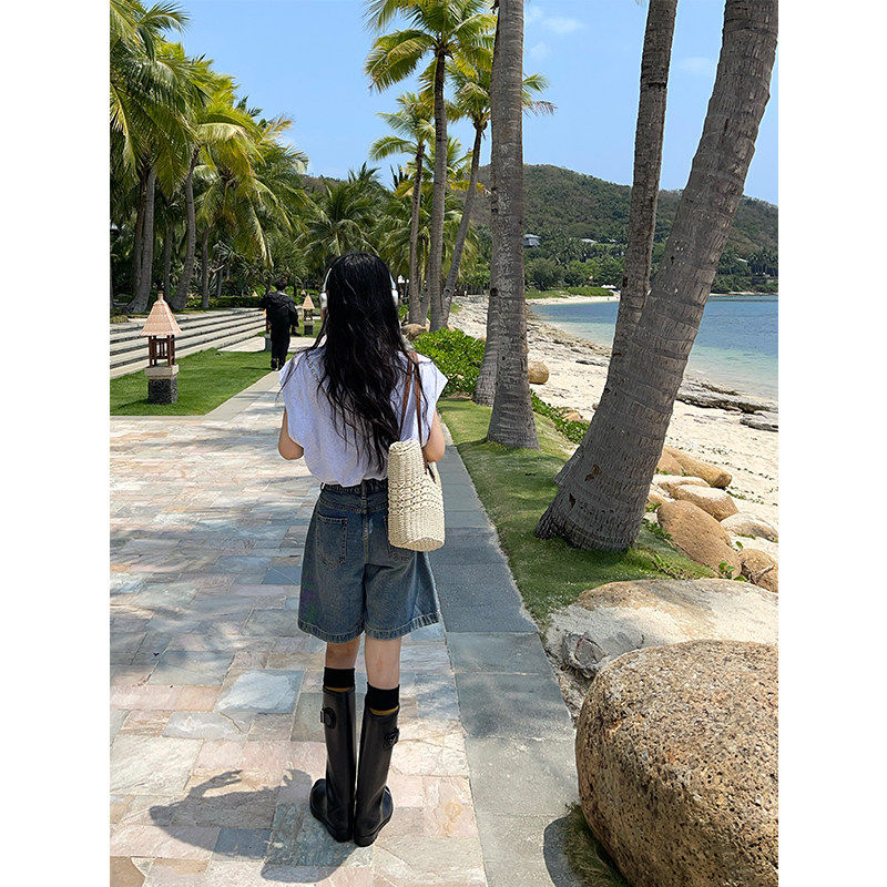 川和 蓝色高腰五分牛仔短裤女夏季宽松显瘦a字阔腿半松紧百搭五分