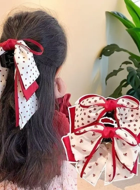 小女孩公主头红色蝴蝶结发夹网红波点儿童盘发抓夹后脑勺顶夹cc