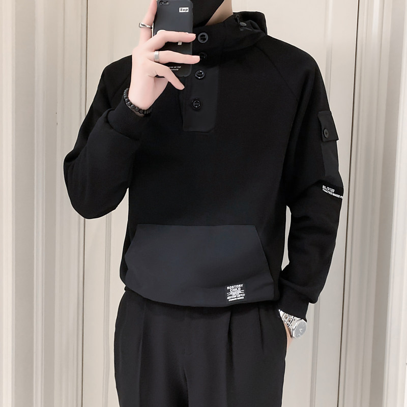 男士秋季新款韩版宽松潮牌卫衣套头连帽工装纽扣休闲拼接口袋外套