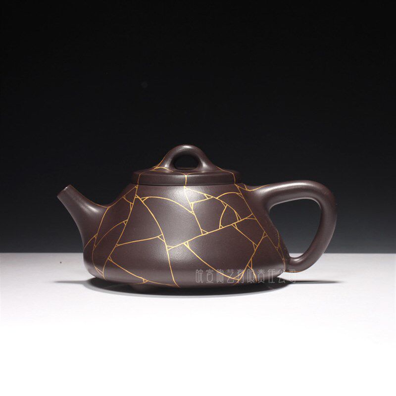 宜兴紫砂茶c壶国工王红娟纯手工制描金壶子冶石瓢壶原矿紫泥茶具