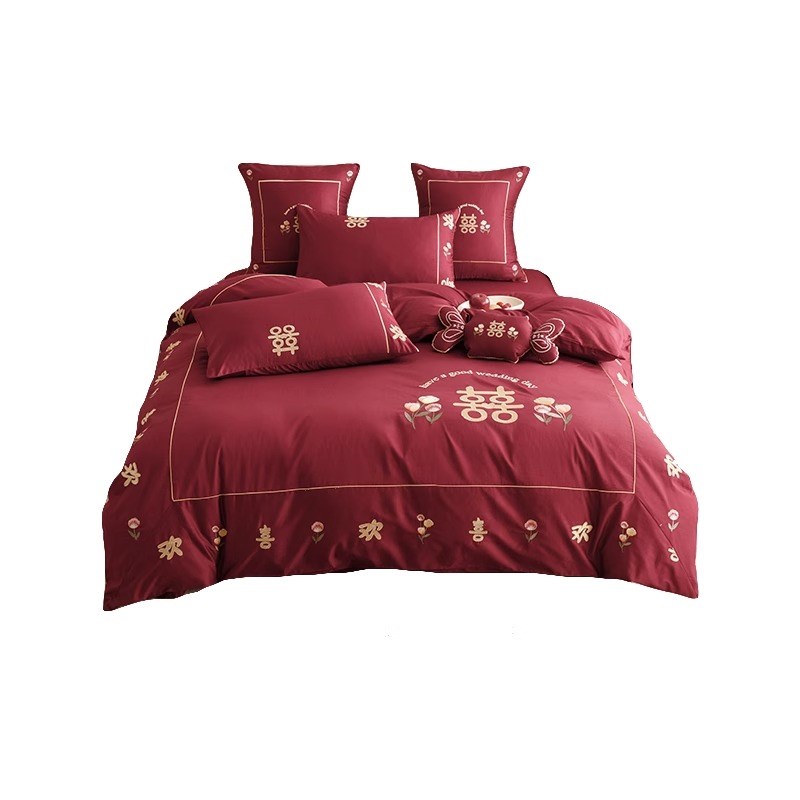 结婚长绒棉四件套红色刺绣被套新婚庆全棉婚礼少女心床上用品