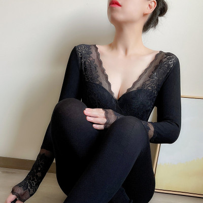 保暖内衣a女秋衣秋裤套装薄紧身美体蕾丝低胸发热内搭打底棉毛衫