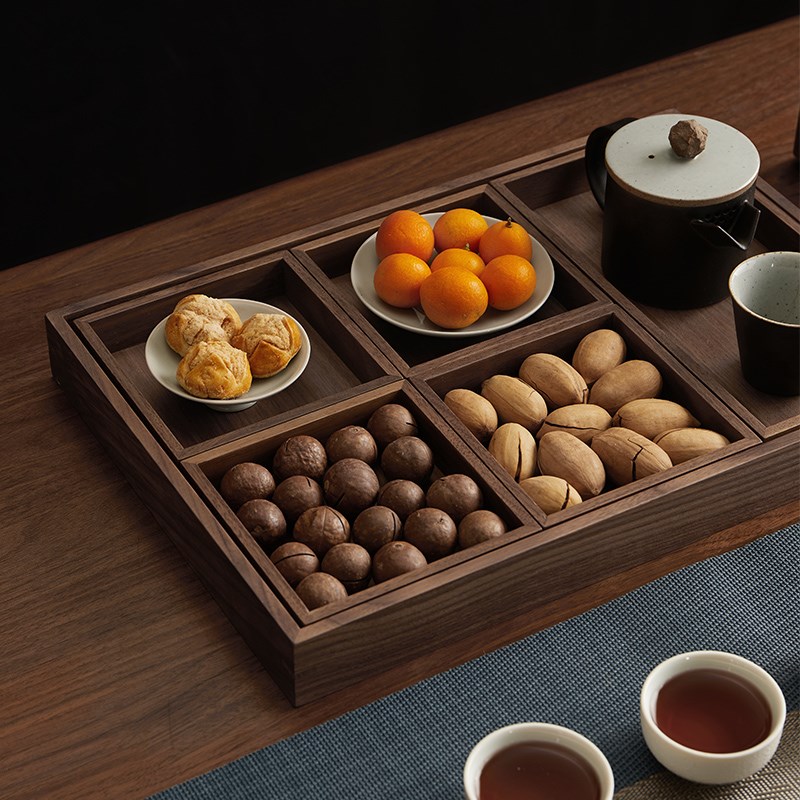 黑胡桃实木托盘日式长方形茶盘木质托盘家用茶水杯水具托盘六件套