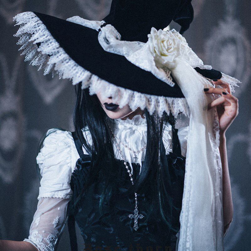 黑白色版 *暗夜玫瑰 * Lolita蕾丝长飘带大魔R女帽 万圣节巫师帽
