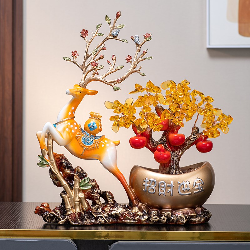 新中式发财鹿摆件客厅玄关办公室前台摇钱树装饰新居乔迁开业礼品