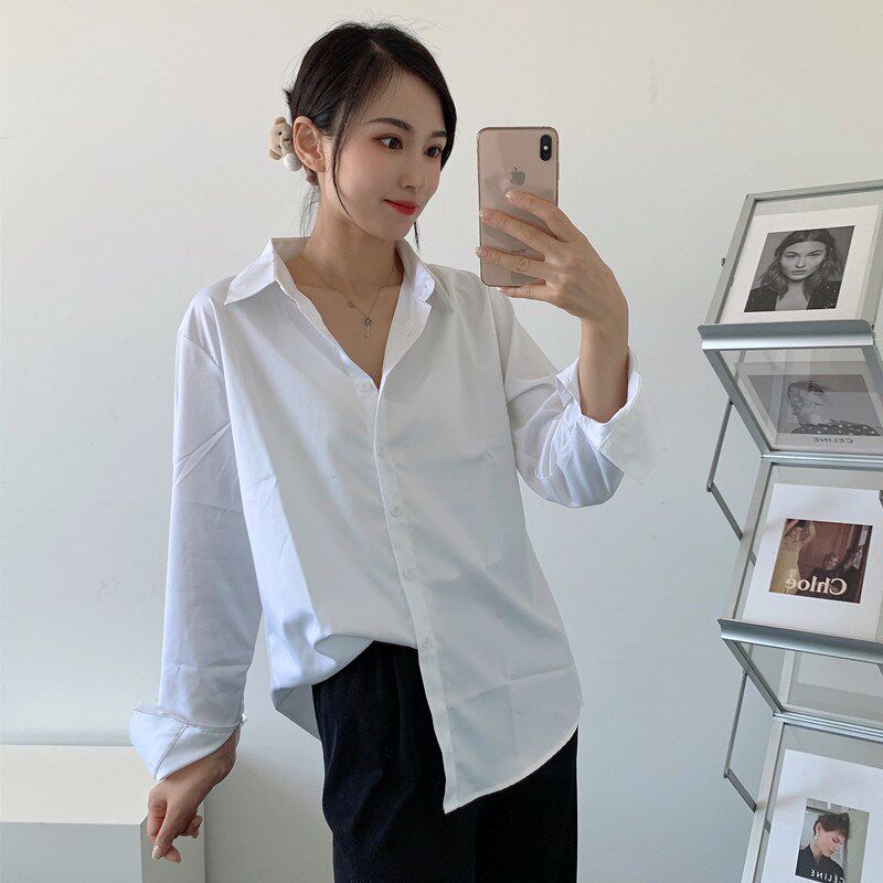 白色衬衫a女2025早春宽松设计感气质学生面试衬衣长袖不透职业正