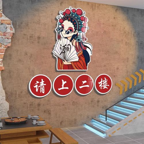 网红国潮风火锅店墙面装饰画市井餐饮饭店请M上二楼指示牌楼梯贴