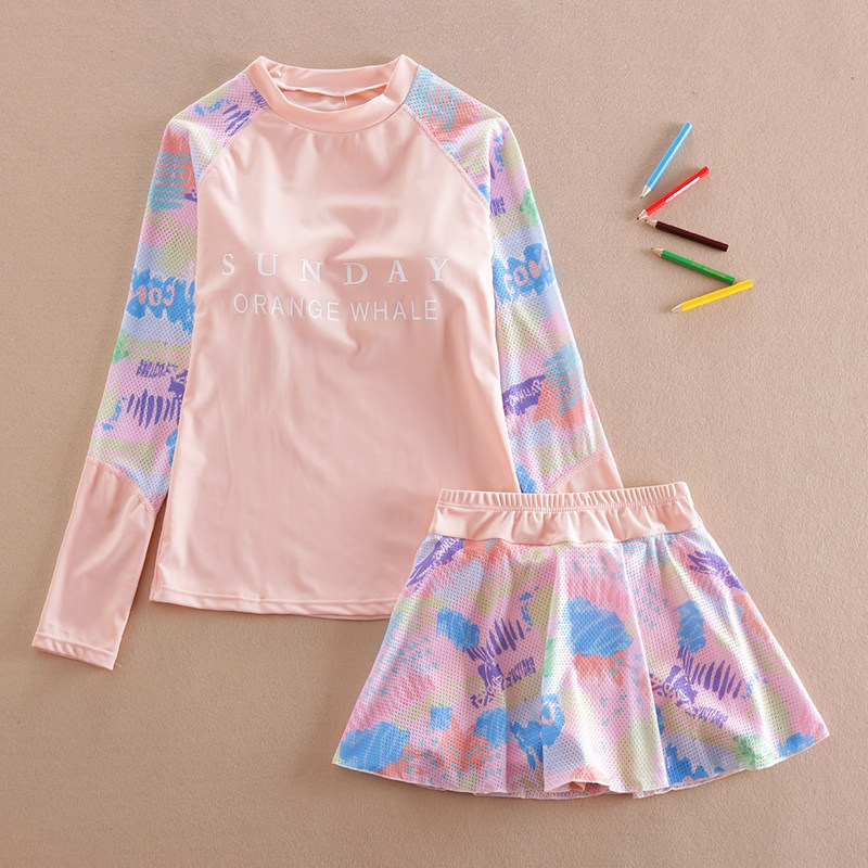 女大童长袖防晒泳衣儿童分体裙式平角裤学I生泳装13女孩游泳衣15