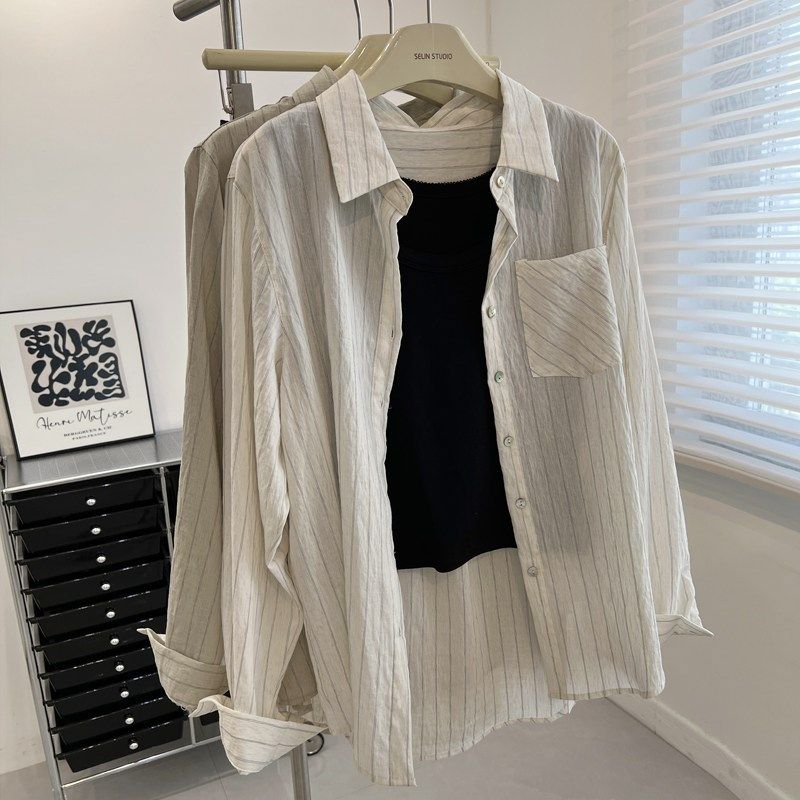 韩版竖条纹微透长袖衬衫女宽松慵懒2024夏季新款外穿防晒衫减龄潮,女装/女士精品,衬衫,淘宝优惠券,粉丝福利购,淘宝优惠卷