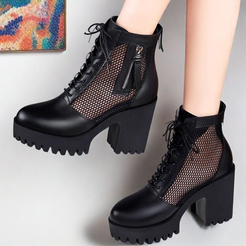 春夏季薄款新款粗跟厚底镂空透气软皮网纱马丁靴女士凉鞋高跟单靴,女鞋,时装凉鞋,淘宝优惠券,粉丝福利购,淘宝优惠卷