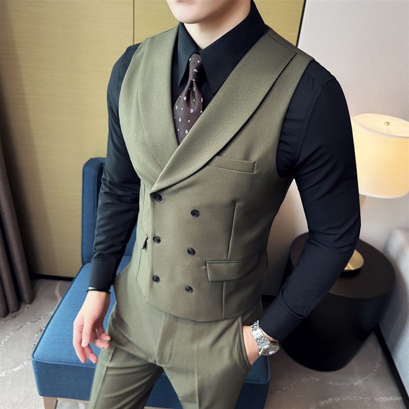 英伦商务双排扣马甲套装男士青果领设计感新郎伴郎服马甲裤两件套