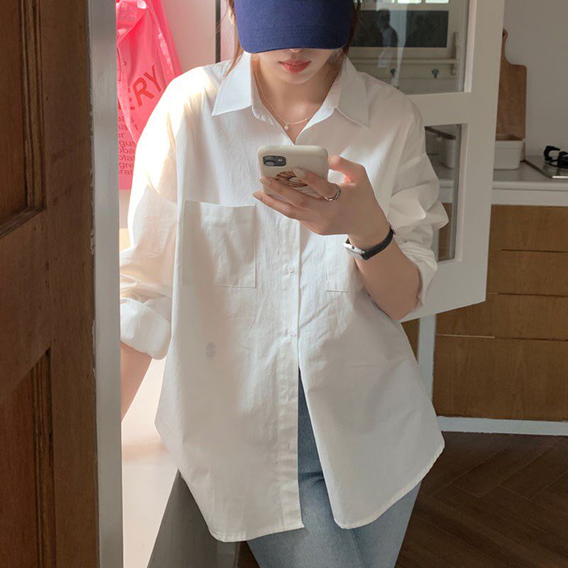 白色衬衫女中长款小个子设计感别致叠穿小开衫宽松pTolo领长袖衬