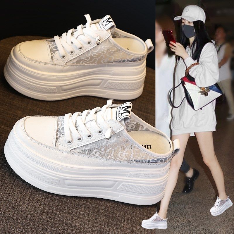 包头懒人半拖鞋女2025夏季新款百搭厚底松糕网面透气内增高小白鞋,女鞋,包头拖,淘宝优惠券,粉丝福利购,淘宝优惠卷