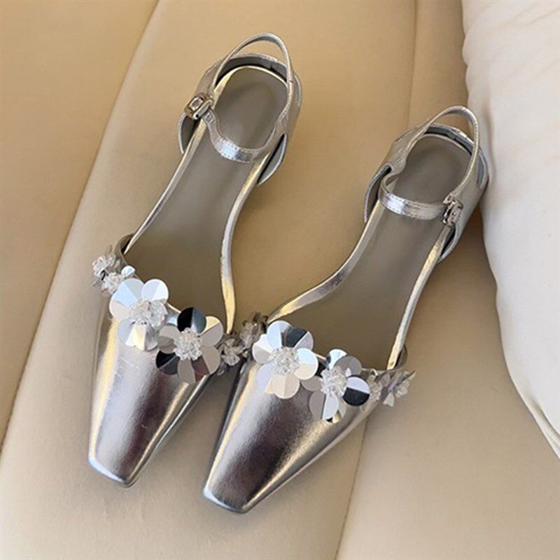 杨贵妃~法式方头亮片花朵气质银色单鞋女一字带百搭粗跟包头凉鞋,女鞋,时装凉鞋,淘宝优惠券,粉丝福利购,淘宝优惠卷