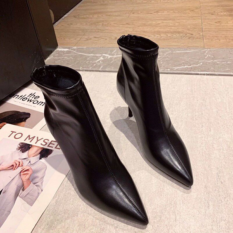 细跟短靴女尖头25年软皮职业工作女靴高跟鞋N秋冬后拉炼黑色马丁