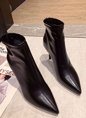 细跟短靴女尖头25年软皮职业工作女靴高跟鞋N秋冬后拉炼黑色马丁