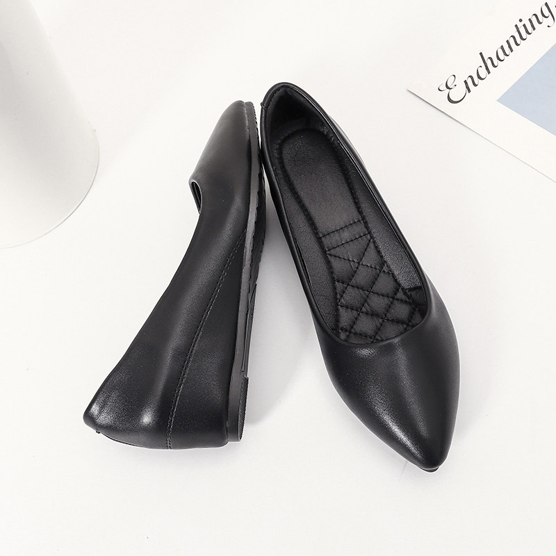 坡跟软底工作鞋夏黑色皮鞋尖头浅口平底单鞋女四季职业内增高女鞋