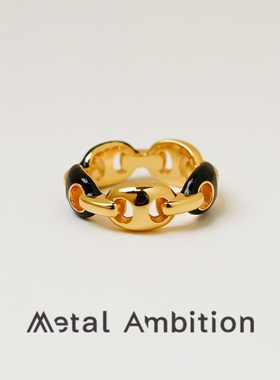 纯银滴釉猪鼻子戒指女复古高级感链条指环轻奢个性小众镂空简约